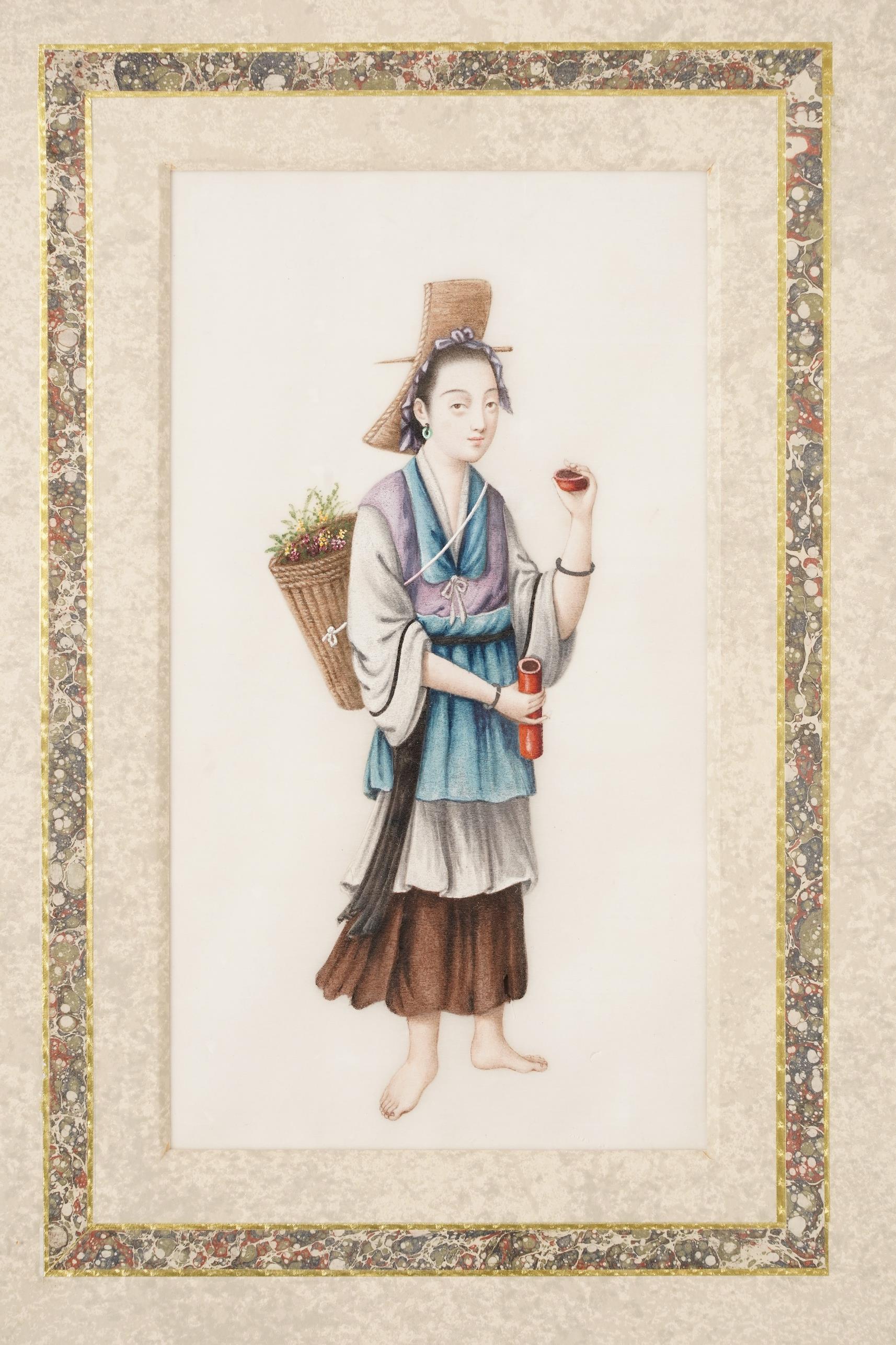 Circle of Youqua , Chinese (Mid 19th century), Street vendors, A set of six watercolours on pith paper, Image 23cm x 12.2cm